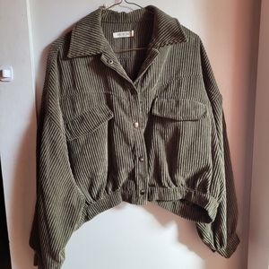 Olive green utility top or shacket. Cropped